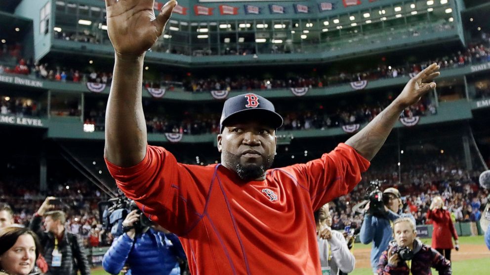 PHOTO: In this Oct. 10, 2016, file photo, Boston Red Sox's David Ortiz waves from the field at Fenway Park after Game 3 of baseball's American League Division Series against the Cleveland Indians in Boston. 