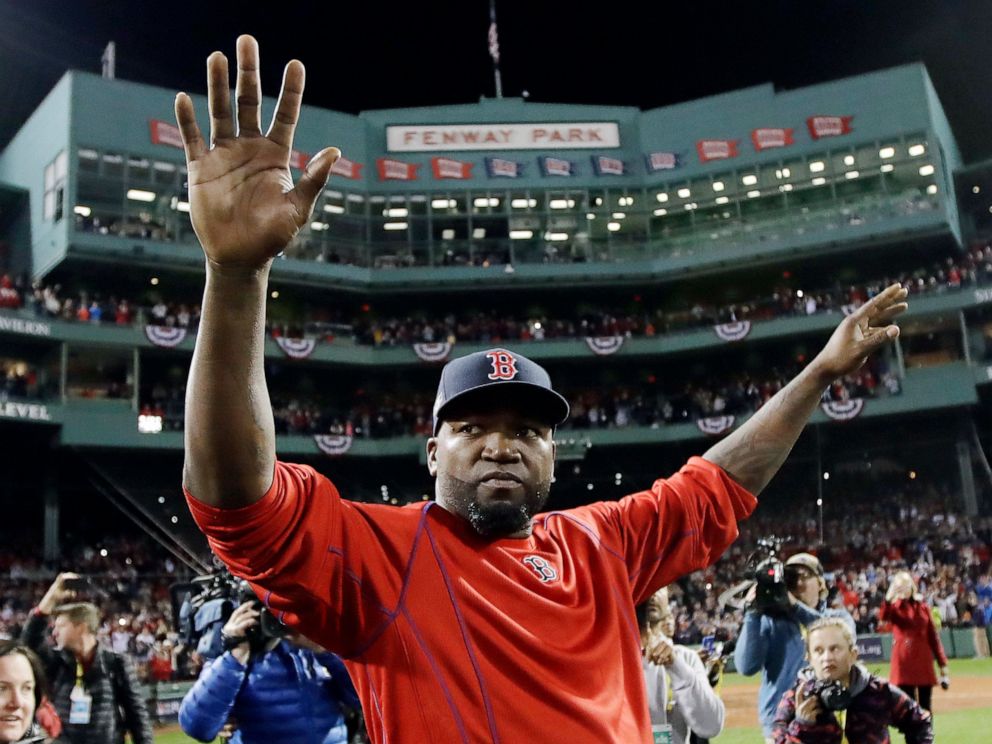 PHOTO: In this Oct. 10, 2016, file photo, Boston Red Soxs David Ortiz waves from the field at Fenway Park after Game 3 of baseballs American League Division Series against the Cleveland Indians in Boston.