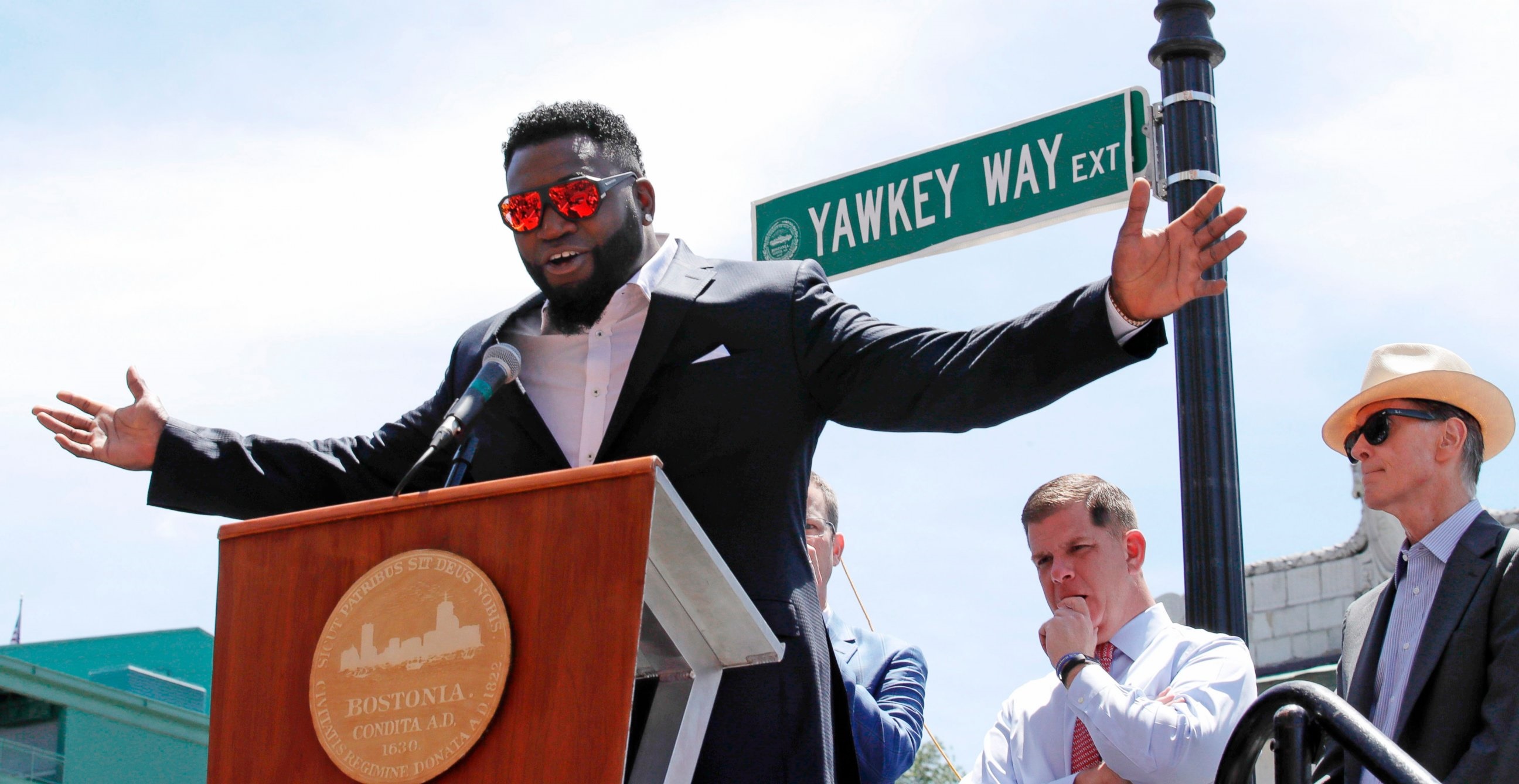 PHOTO: In this June 22, 2017, file photo, retired Boston Red Sox designated hitter David Ortiz is honored with the renaming of a portion of Yawkey Way to David Ortiz Drive outside Fenway Park in Boston.