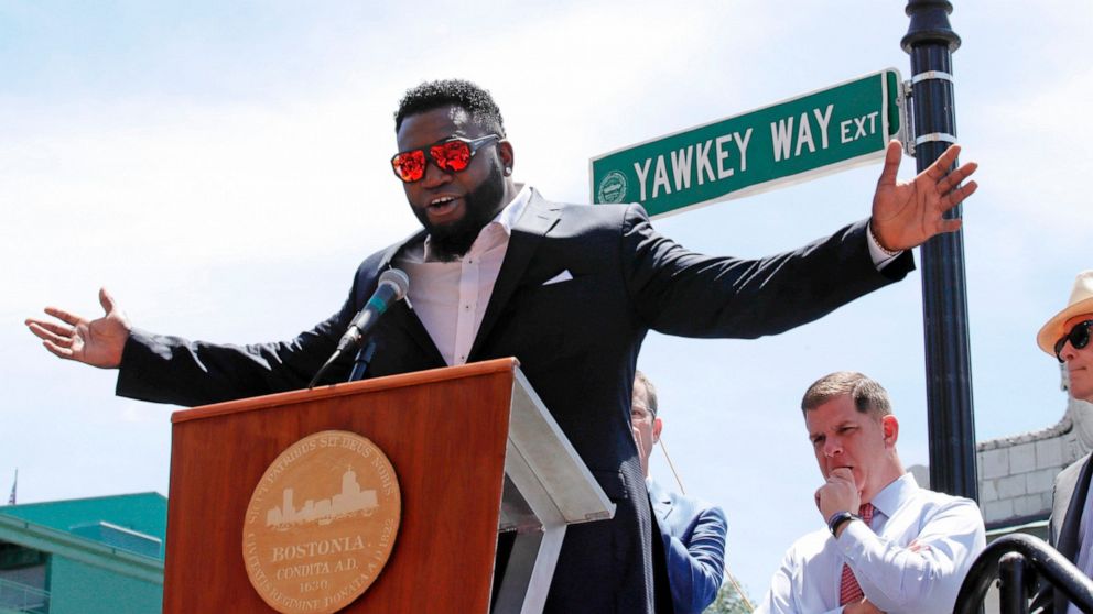 PHOTO: In this June 22, 2017, file photo, retired Boston Red Sox designated hitter David Ortiz is honored with the renaming of a portion of Yawkey Way to David Ortiz Drive outside Fenway Park in Boston.