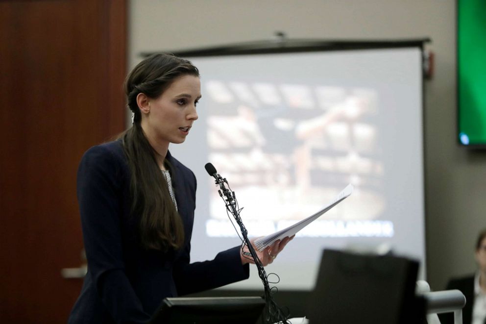 PHOTO: Former gymnast Rachael Denhollander gives her victim impact statement during the seventh day of Larry Nassar's sentencing hearing Wednesday, Jan. 24, 2018, in Lansing, Mich.