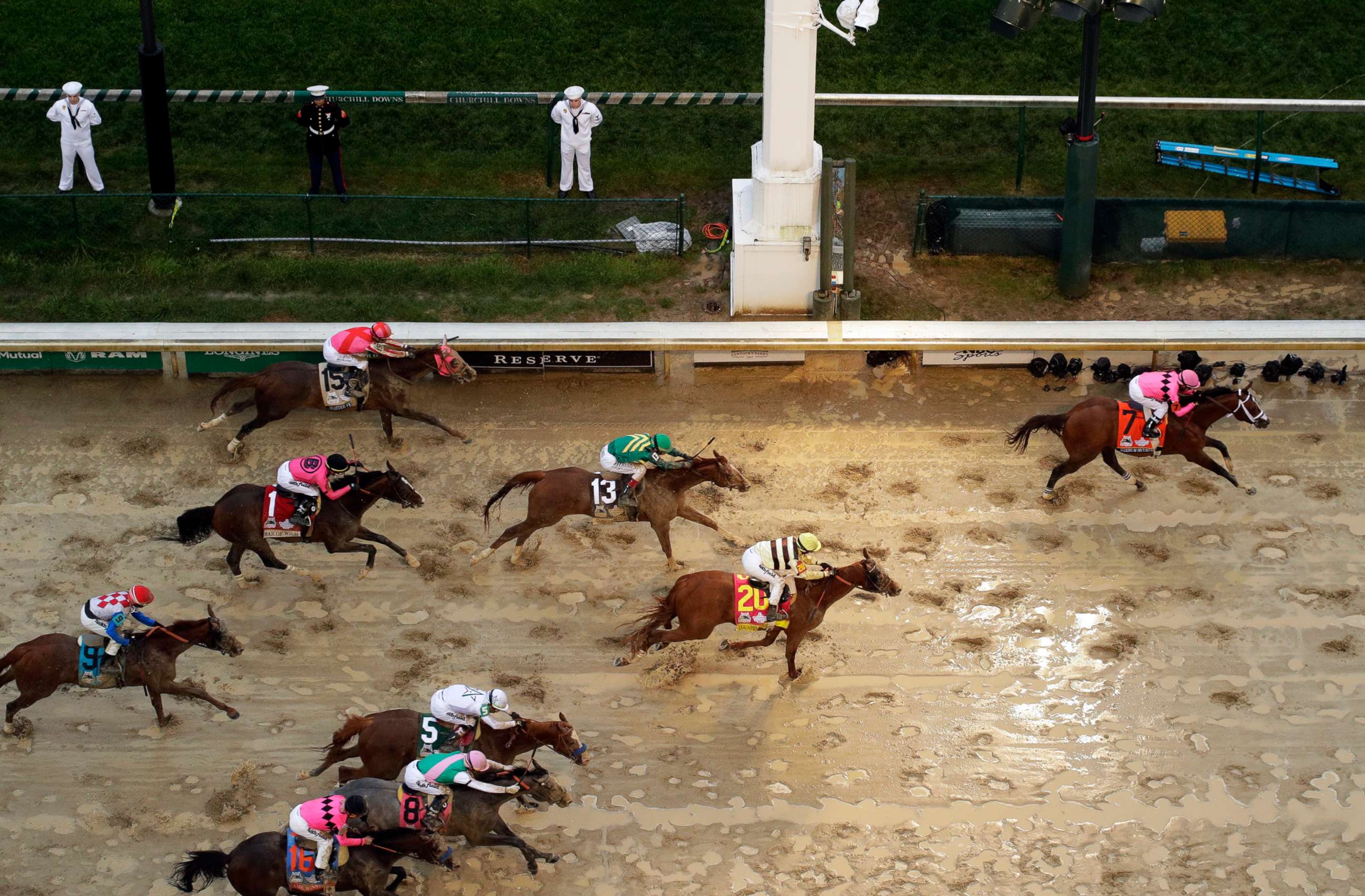 PHOTO: Luis Saez rides Maximum Security across the finish line first followed by Flavien Prat on Country House during the 145th running of the Kentucky Derby at Churchill Downs, May 4, 2019, in Louisville, Ky.