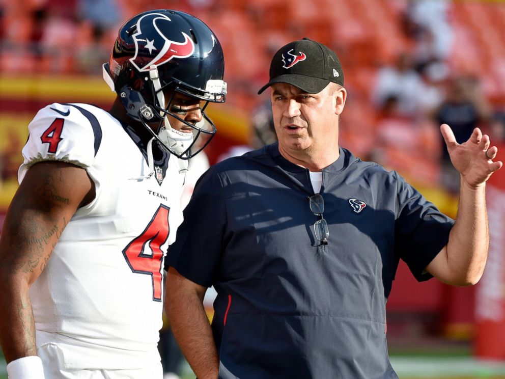 PHOTO: In this Aug. 9, 2018, file photo, Houston Texans quarterback Deshaun Watson (4) listens to head coach Bill OBrien before an NFL preseason football game against the Kansas City Chiefs in Kansas City, Mo.