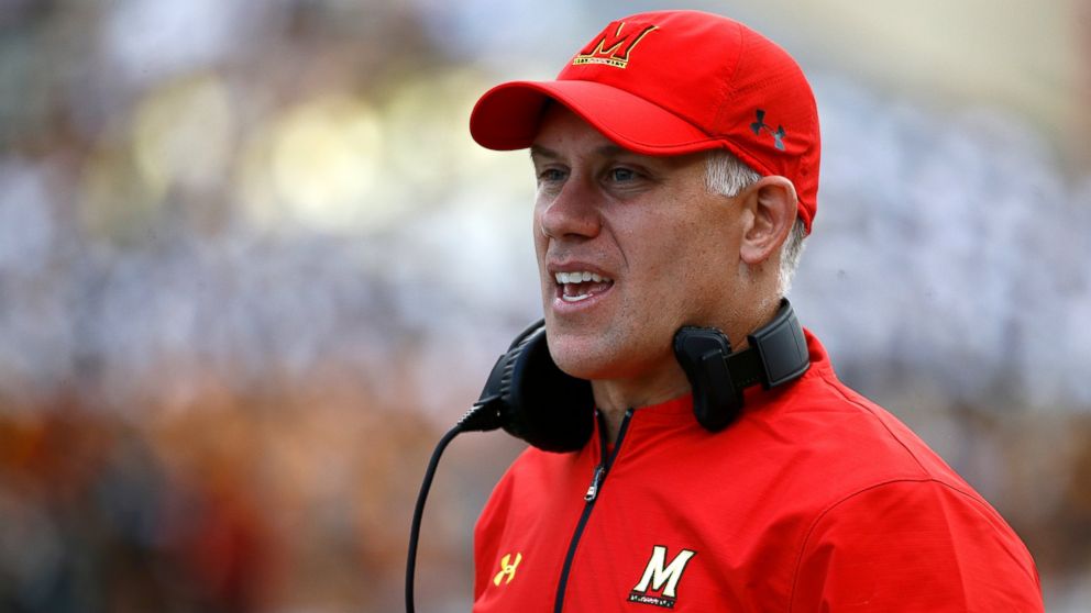 PHOTO: In this Saturday, Sept. 9, 2017, file photo, Maryland head coach DJ Durkin stands on the sideline during an NCAA college football game against Towson in College Park, Md.
