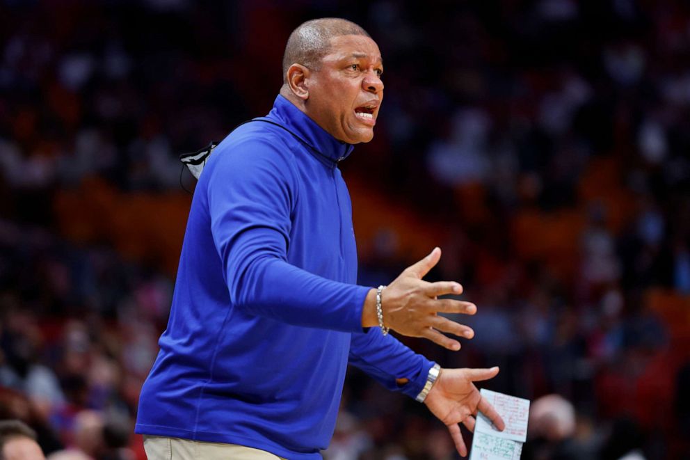 PHOTO: MIAMI, FLORIDA - JANUARY 15: Head coach Doc Rivers of the Philadelphia 76ers reacts against the Miami Heat during the first half at FTX Arena on January 15, 2022 in Miami, Florida. 
