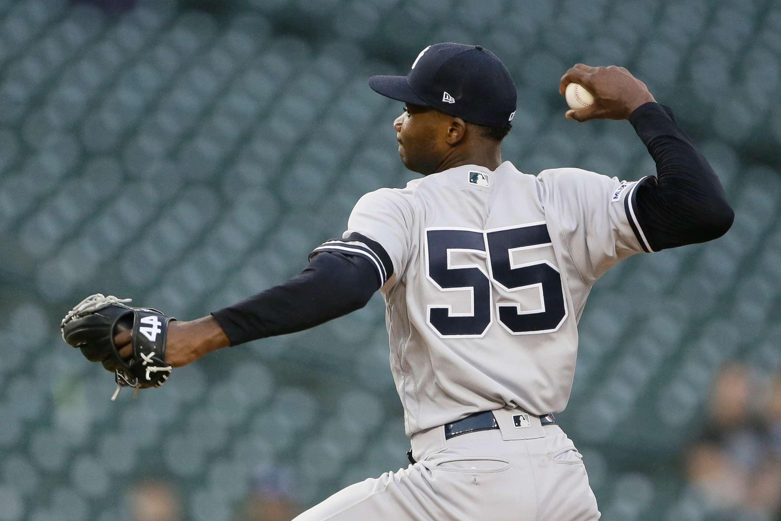 PHOTO: New York Yankees' Domingo German pitches against the Detroit Tigers during the fifth inning of the second game of a baseball doubleheader, Thursday, Sept. 12, 2019, in Detroit.