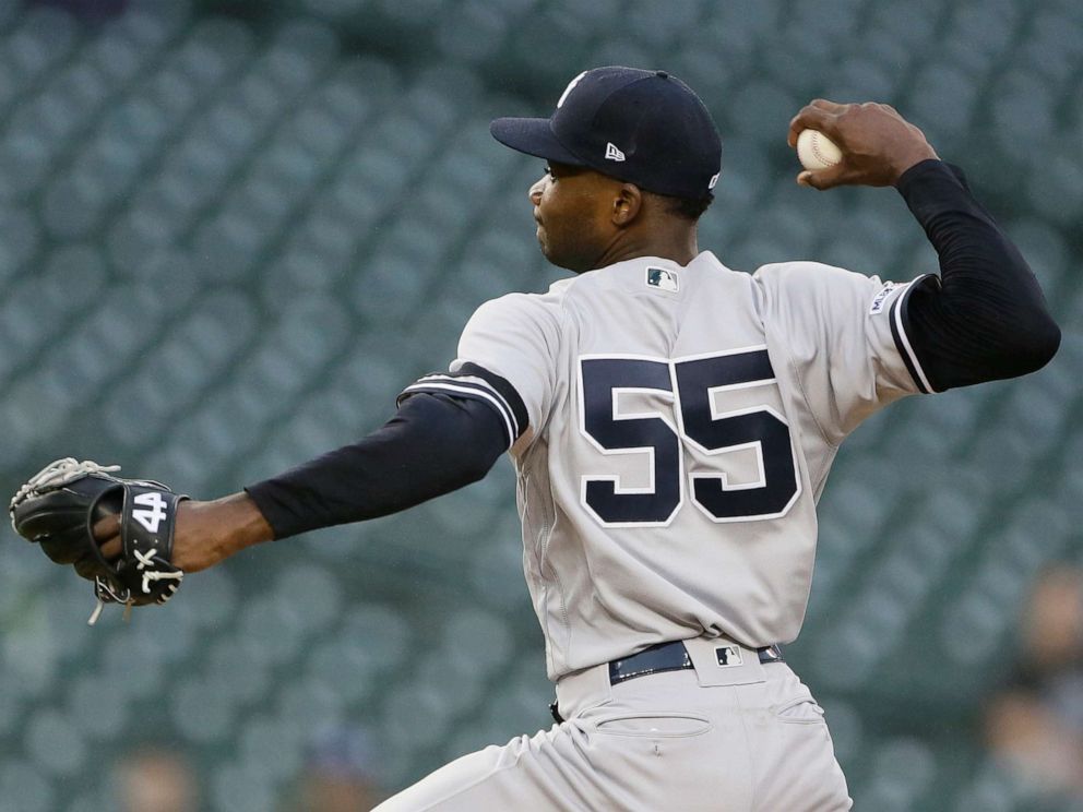 PHOTO: New York Yankees Domingo German pitches against the Detroit Tigers during the fifth inning of the second game of a baseball doubleheader, Thursday, Sept. 12, 2019, in Detroit.