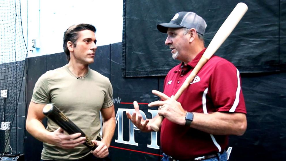 	
Paul Lancisi, owner of Dove Tail Bats, shows ABC News' David Muir some of the products his company makes in Maine. The company started marketing its bats in 2007 and began selling to the major leagues in 2014.