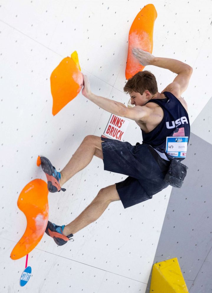 PHOTO: Colin Duffy of the U.S. competes in the men's Boulder competition semi-final of the IFSC Climbing World Cup in Innsbruck, Austria, June 26, 2021.