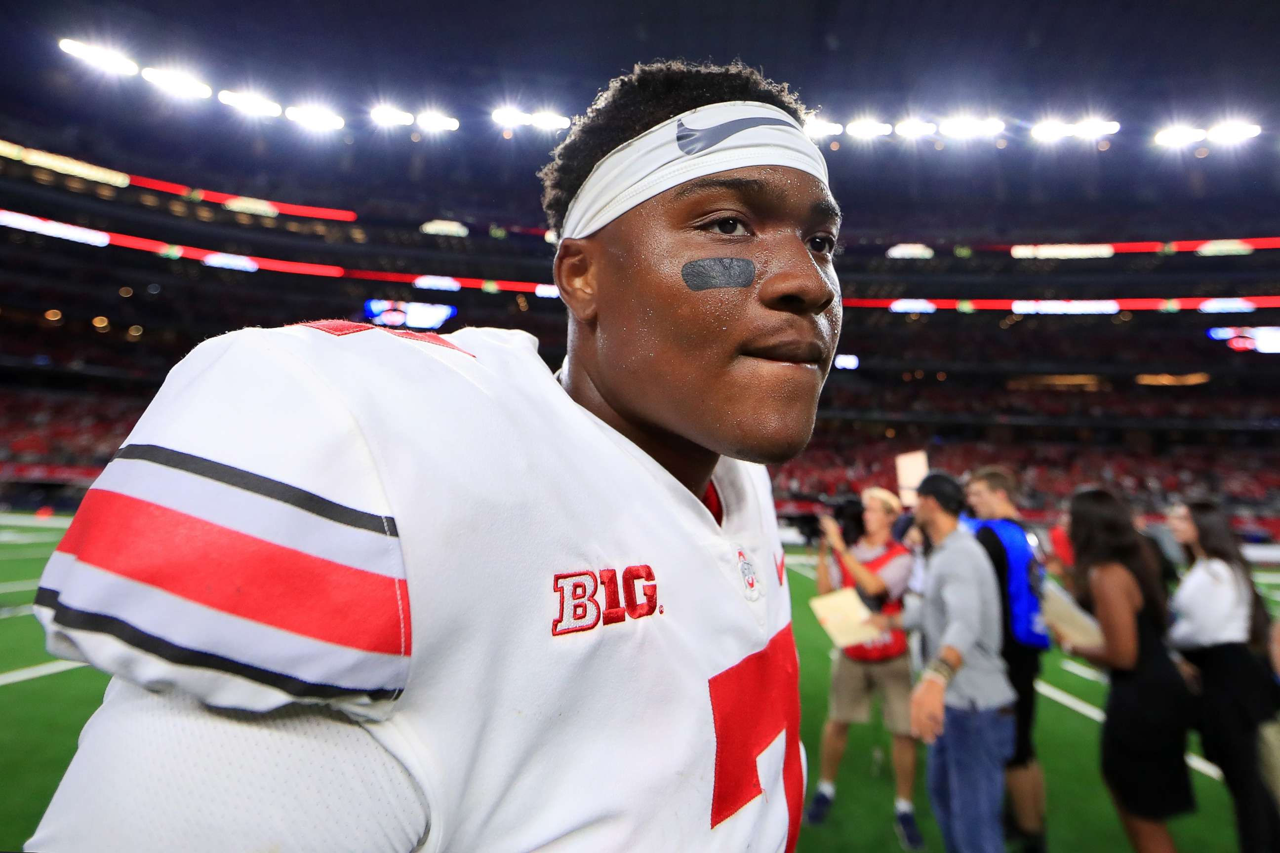 PHOTO: Dwayne Haskins of the Ohio State Buckeyes walks off the field after beating the TCU Horned Frogs 40-28 at AT&T Stadium on Sept. 15, 2018 in Arlington, Texas.