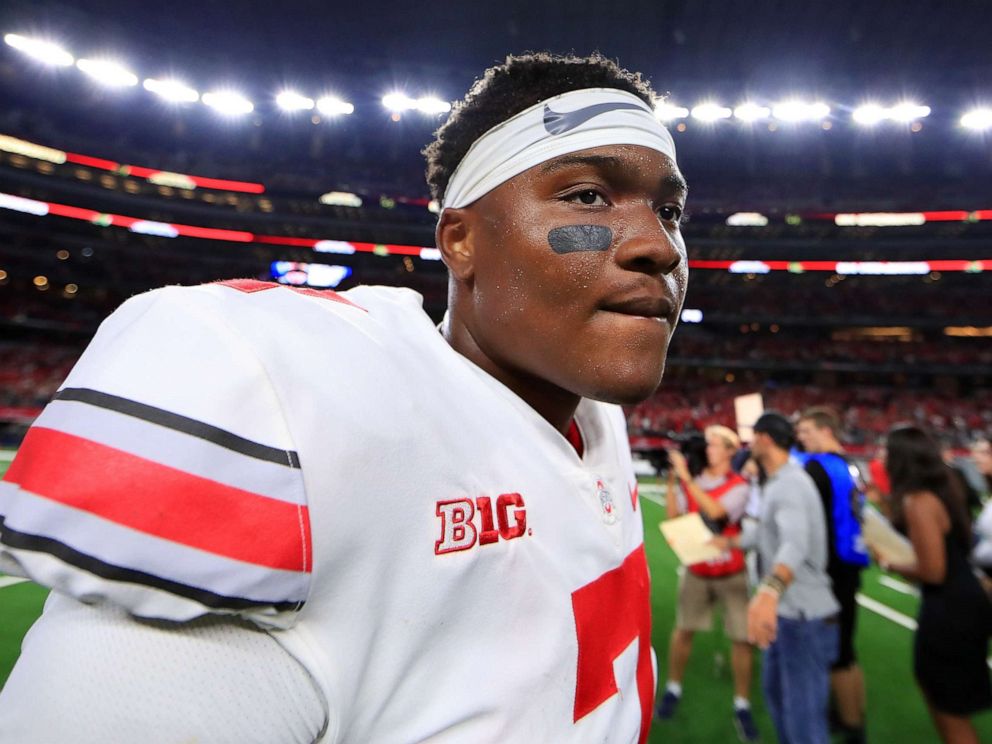 PHOTO: Dwayne Haskins of the Ohio State Buckeyes walks off the field after beating the TCU Horned Frogs 40-28 at AT&T Stadium on Sept. 15, 2018 in Arlington, Texas.