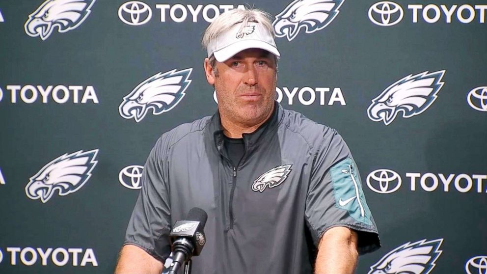 PHOTO: Eagles coach Drew Pederson speaks at a press conference on June 6, 2018.