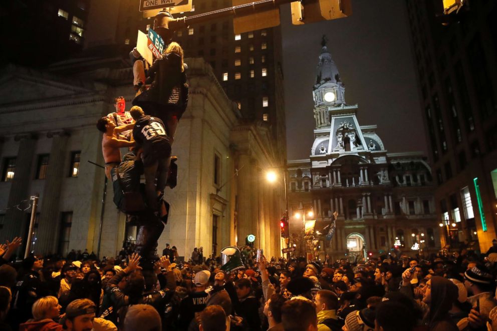 PHOTO: Philadelphia Eagles fans celebrate the team's victory in NFL Super Bowl 52 between the Philadelphia Eagles and the New England Patriots, Feb. 4, 2018, in downtown Philadelphia.