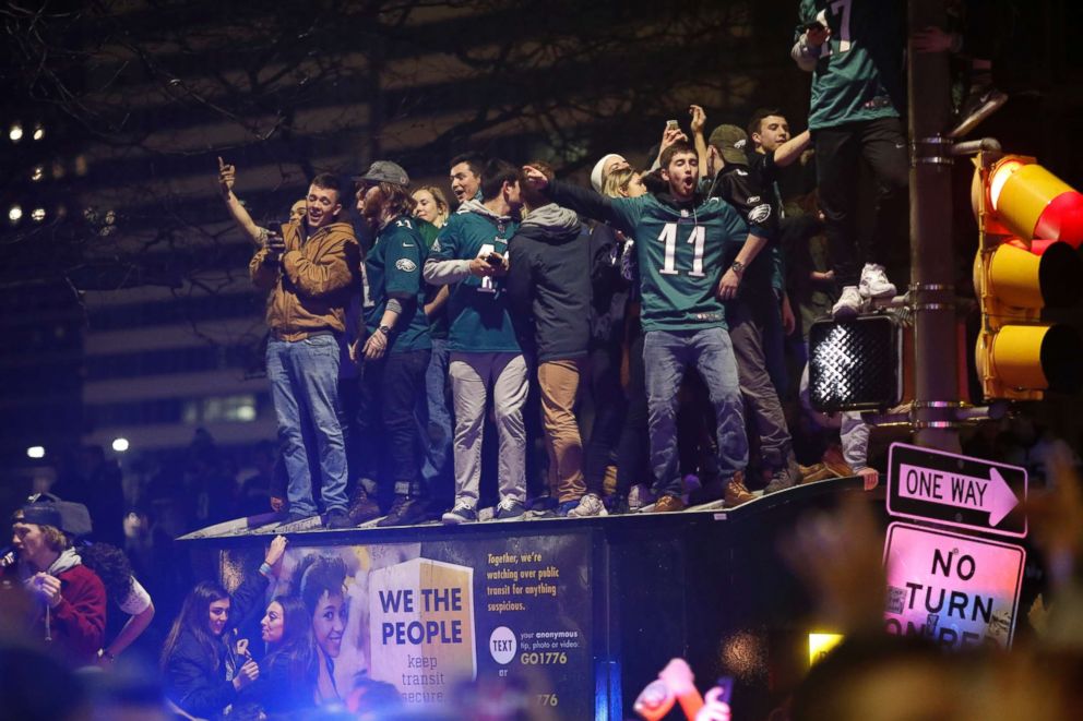 PHOTO: Fans celebrate in Center City after the Philadelphia Eagles defeated the New England Patriots to win the Super Bowl, Feb. 4, 2018 in Philadelphia.