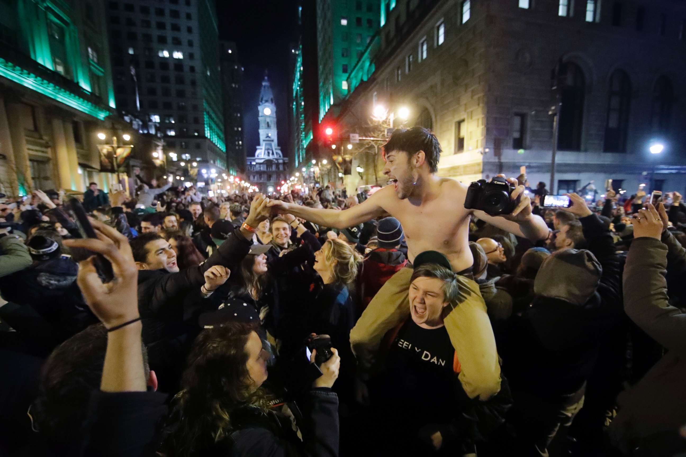 PHOTO: Philadelphia Eagles fans celebrate the team's victory in the NFL Super Bowl 52 between the Philadelphia Eagles and the New England Patriots, Feb. 4, 2018, in downtown Philadelphia.