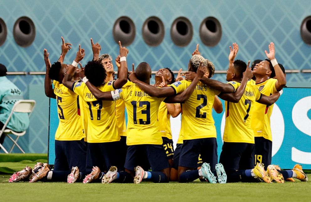 PHOTO: Ecuador's Moises Caicedo celebrates scoring the country's first goal with teammates against Senegal in a Group A World Cup match in Doha, Qatar, Nov. 29, 2022.
