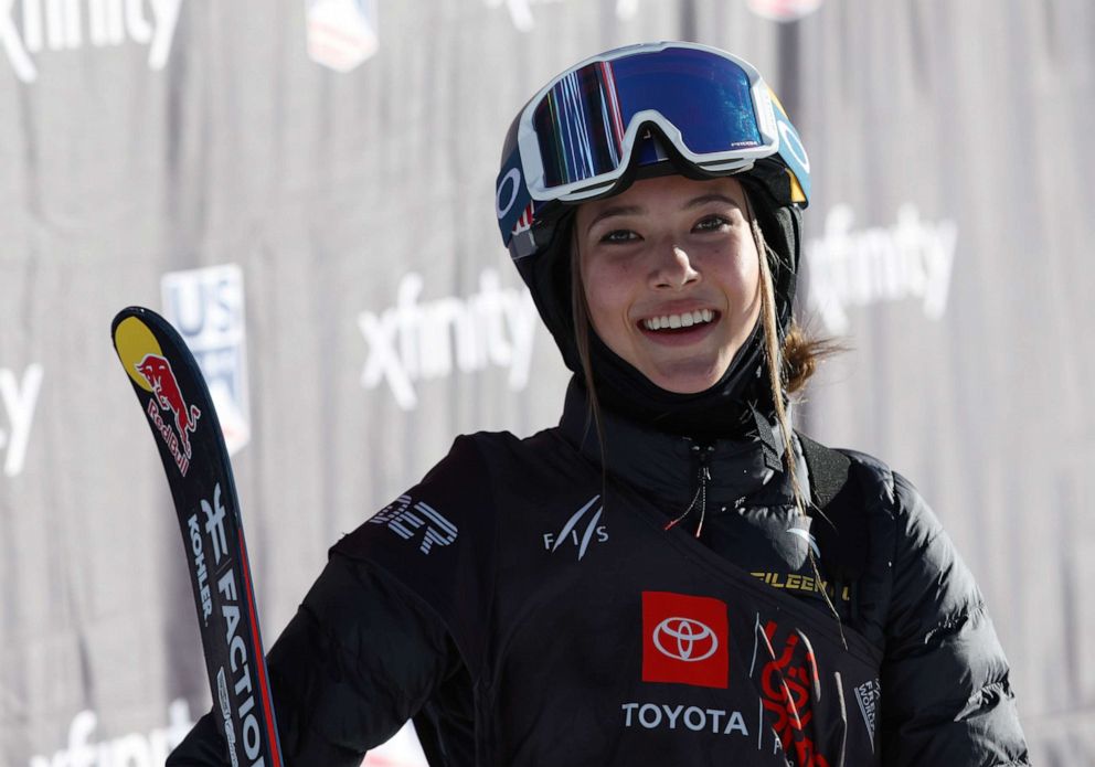 PHOTO: Eileen Gu of Team China reacts after taking first place in the women's freeski halfpipe competition at the Toyota U.S. Grand Prix at Mammoth Mountain on Jan. 8, 2022, in Mammoth, Calif.