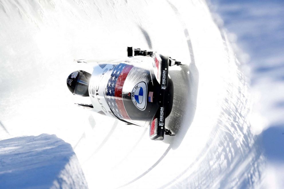PHOTO: Elana Meyers Taylor of the U.S. in action during the Women's Monobob at the Bob & Skeleton World Cup and IBSF European Championships in Saint-Moritz, Switzerland, on Jan. 15, 2022.