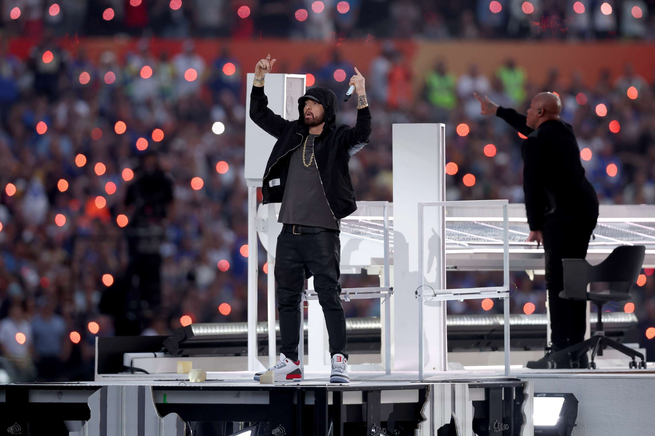 PHOTO: INGLEWOOD, CALIFORNIA - FEBRUARY 13: Eminem performs during the Pepsi Super Bowl LVI Halftime Show at SoFi Stadium on February 13, 2022 in Inglewood, California. (Photo by Rob Carr/Getty Images)