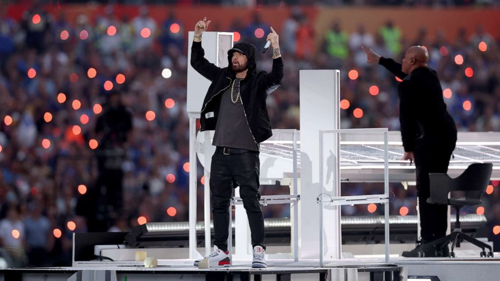 PHOTO: INGLEWOOD, CALIFORNIA - FEBRUARY 13: Eminem performs during the Pepsi Super Bowl LVI Halftime Show at SoFi Stadium on February 13, 2022 in Inglewood, California. (Photo by Rob Carr/Getty Images)