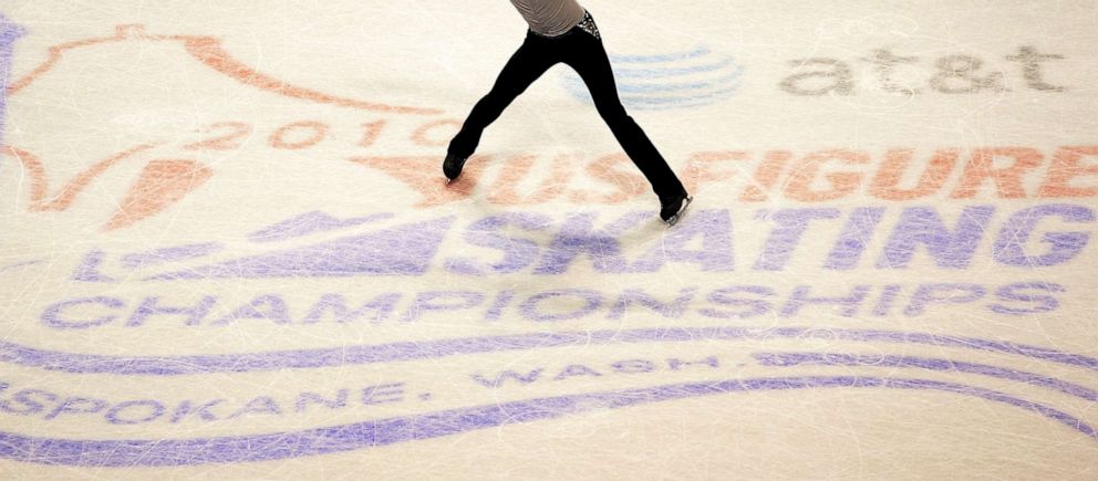 PHOTO: The US Figure Skating logo adorns the ice of the Spokane Area during Championships in Spokane, Wash., Jan. 17, 2020. 