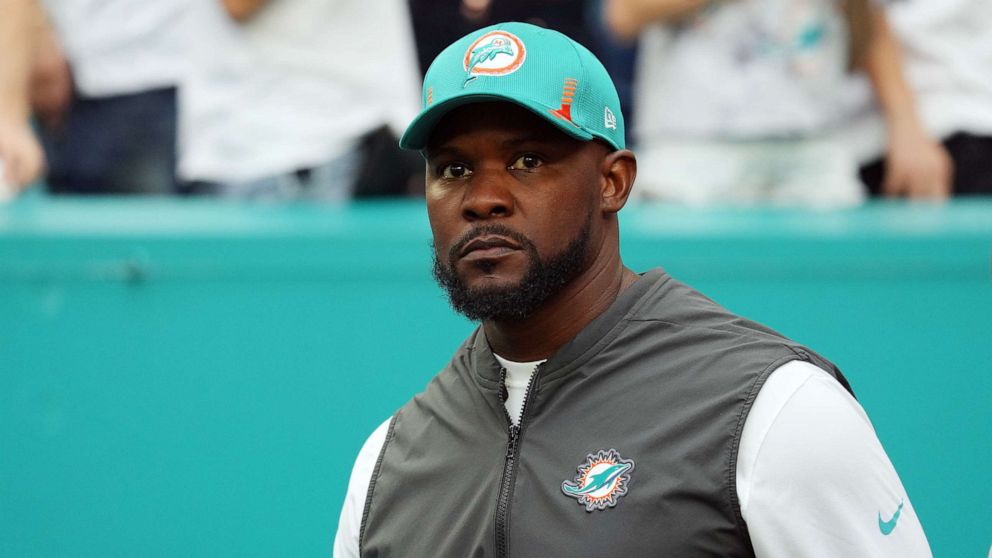 PHOTO: Head coach Brian Flores of the Miami Dolphins takes the field during introductions prior to the game against the New England Patriots, Jan. 9, 2022, in Miami Gardens, Fla. 