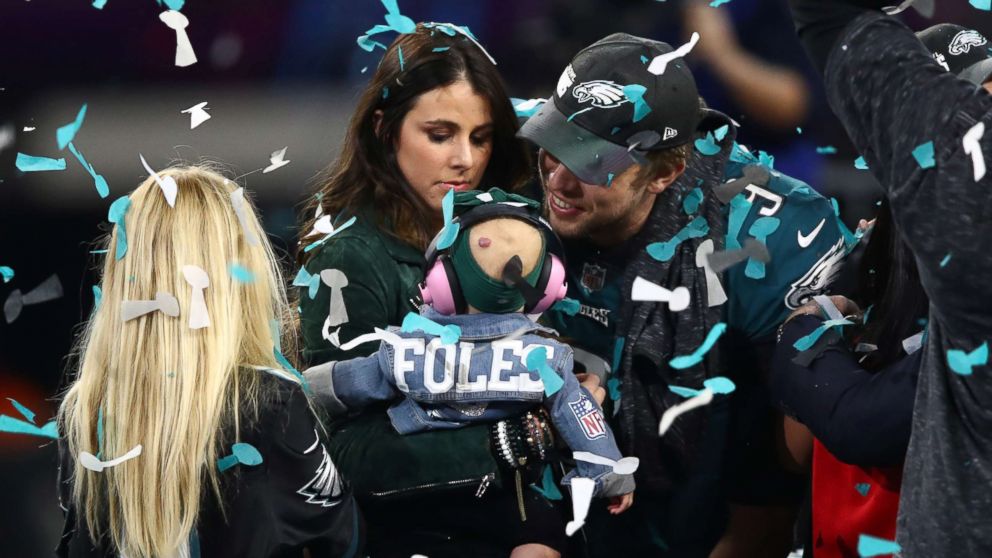 PHOTO: Nick Foles #9 of the Philadelphia Eagles celebrates defeating the New England Patriots 41-33 with his wife Tori Moore in Super Bowl LII at U.S. Bank Stadium, Feb. 4, 2018, in Minneapolis.