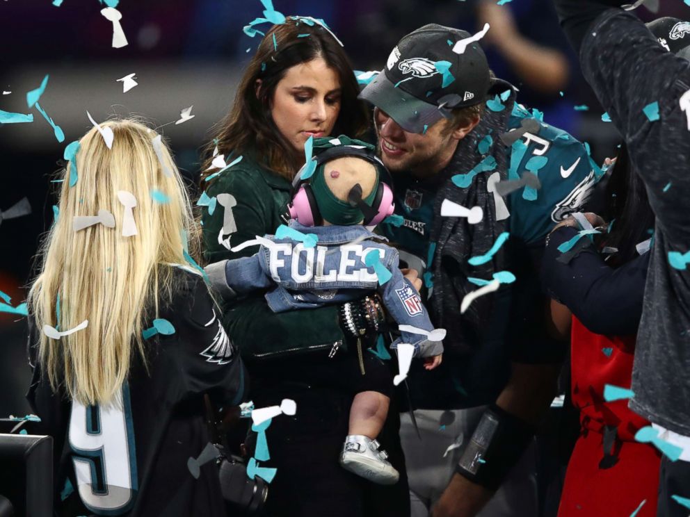 PHOTO: Nick Foles #9 of the Philadelphia Eagles celebrates defeating the New England Patriots 41-33 with his wife Tori Moore in Super Bowl LII at U.S. Bank Stadium, Feb. 4, 2018, in Minneapolis.