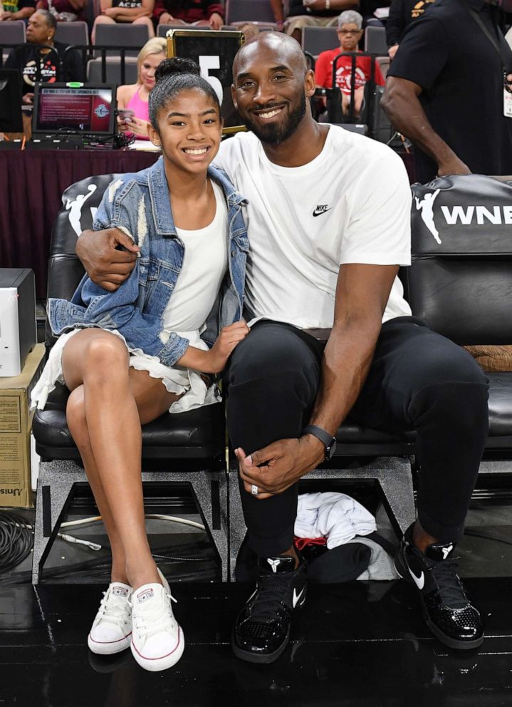 PHOTO: In this July 27, 2019, file photo, Gianna Bryant and her father, former NBA player Kobe Bryant, attend the WNBA All-Star Game 2019 at the Mandalay Bay Events Center in Las Vegas.