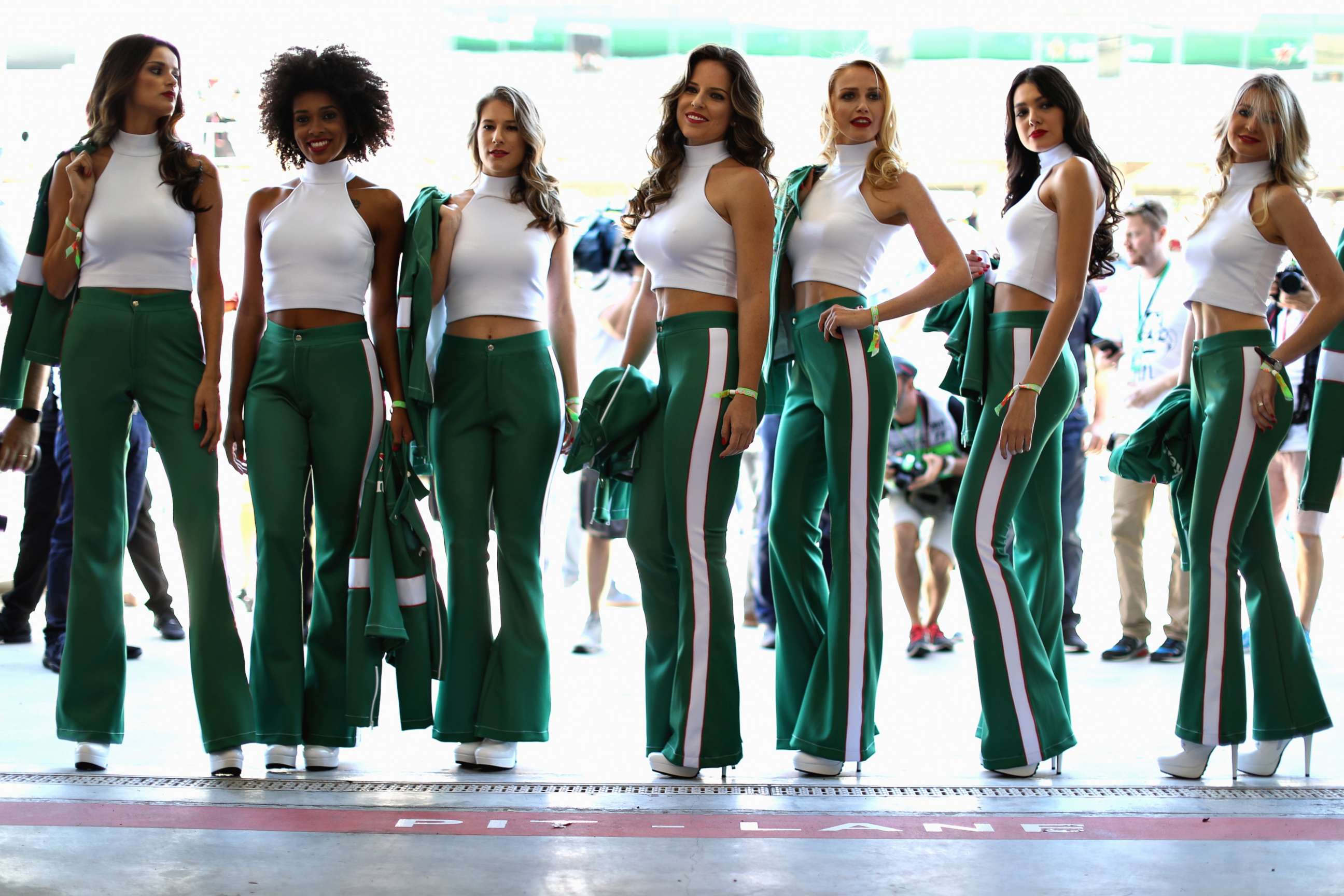 PHOTO: Grid girls pose for a photo before the Formula One Grand Prix of Brazil at Autodromo Jose Carlos Pace, Nov. 12, 2017, in Sao Paulo.