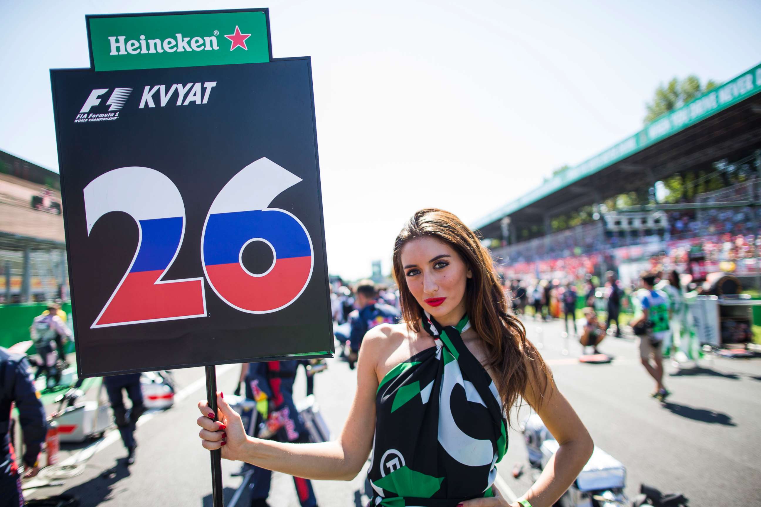 PHOTO: The grid girl of Daniil Kvyat of Russia and Scuderia Toro Rosso on the grid before the Formula One Grand Prix of Italy at Autodromo di Monza, Sept. 3, 2017, in Monza, Italy.