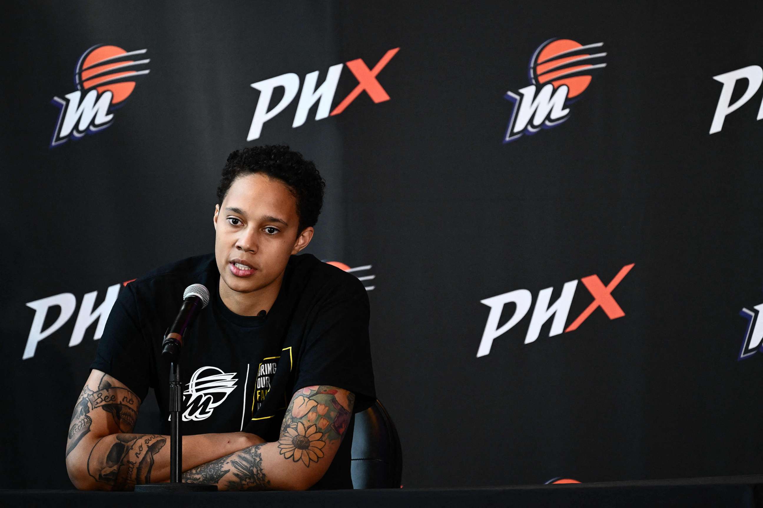 PHOTO: Basketball player Brittney Griner, of the Phoenix Mercury, speaks during a news conference at the Footprint Center in Phoenix, April 27, 2023.