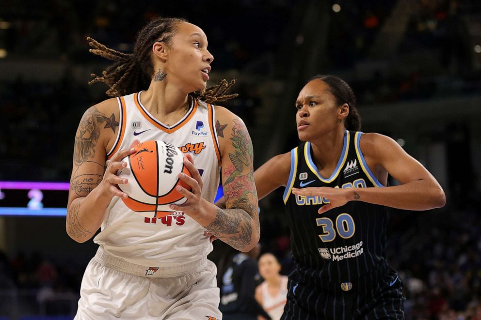 PHOTO: Brittney Griner, left, is defended by Azura¡ Stevens of the Chicago Sky during the first half of Game Four of the WNBA Finals at Wintrust Arena on Oct. 17, 2021, in Chicago.