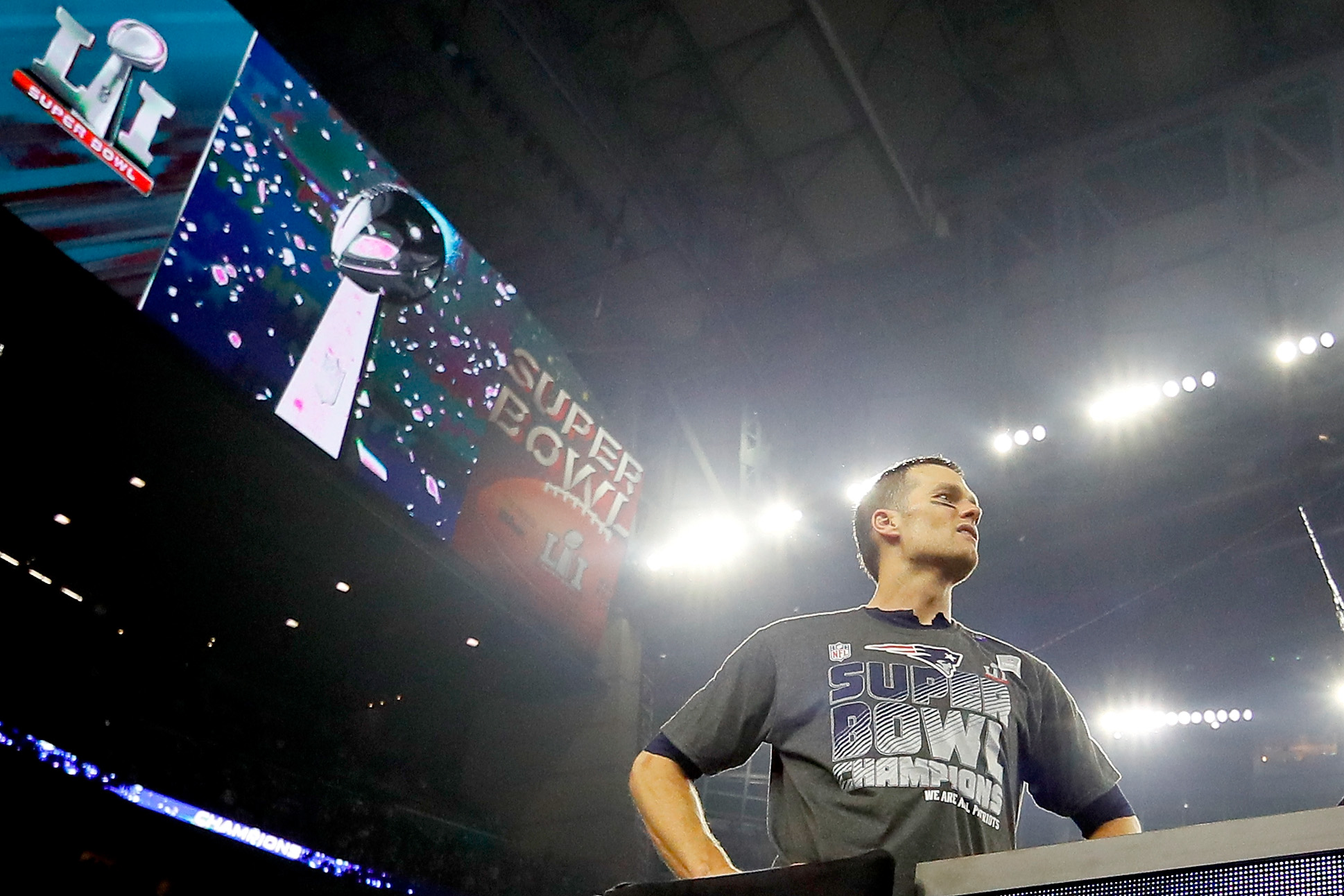 PHOTO: Tom Brady #12 of the New England Patriots looks on after defeating the Atlanta Falcons 34-28 in overtime of Super Bowl 51 at NRG Stadium, Feb. 5, 2017, in Houston. 