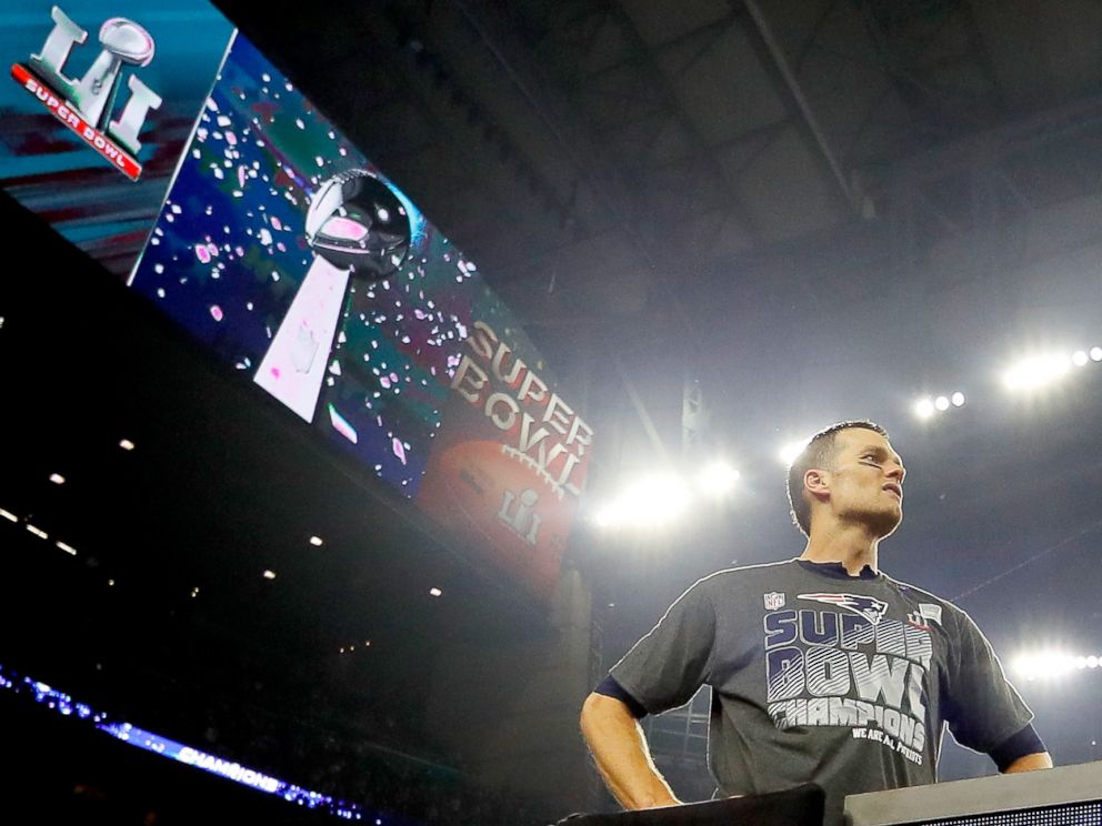 PHOTO: Tom Brady #12 of the New England Patriots looks on after defeating the Atlanta Falcons 34-28 in overtime of Super Bowl 51 at NRG Stadium, Feb. 5, 2017, in Houston.