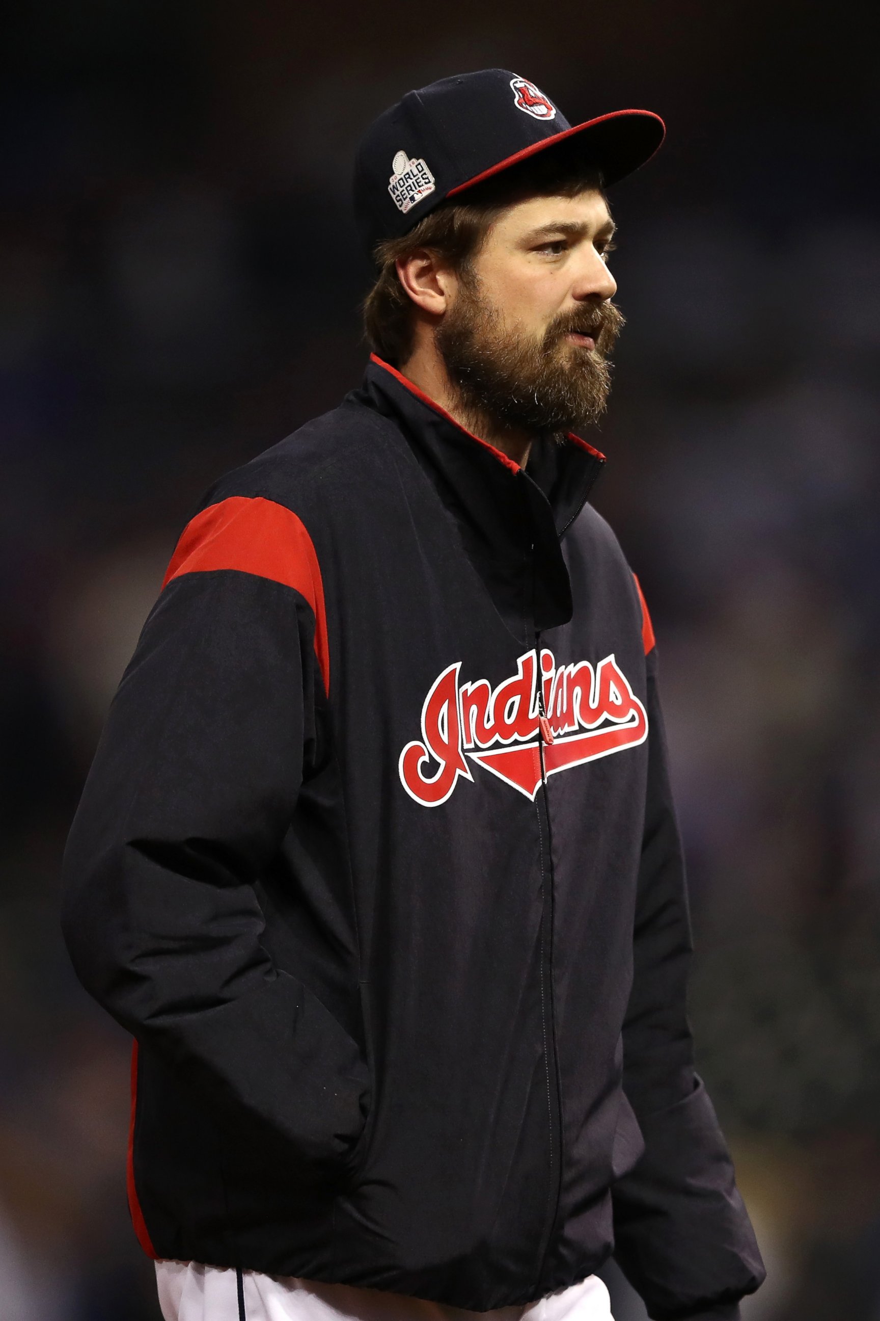 PHOTO: Andrew Miller #24 of the Cleveland Indians reacts after the Chicago Cubs defeated the Cleveland Indians 9-3 to win Game Six of the 2016 World Series at Progressive Field, Nov. 1, 2016 in Cleveland, Ohio.