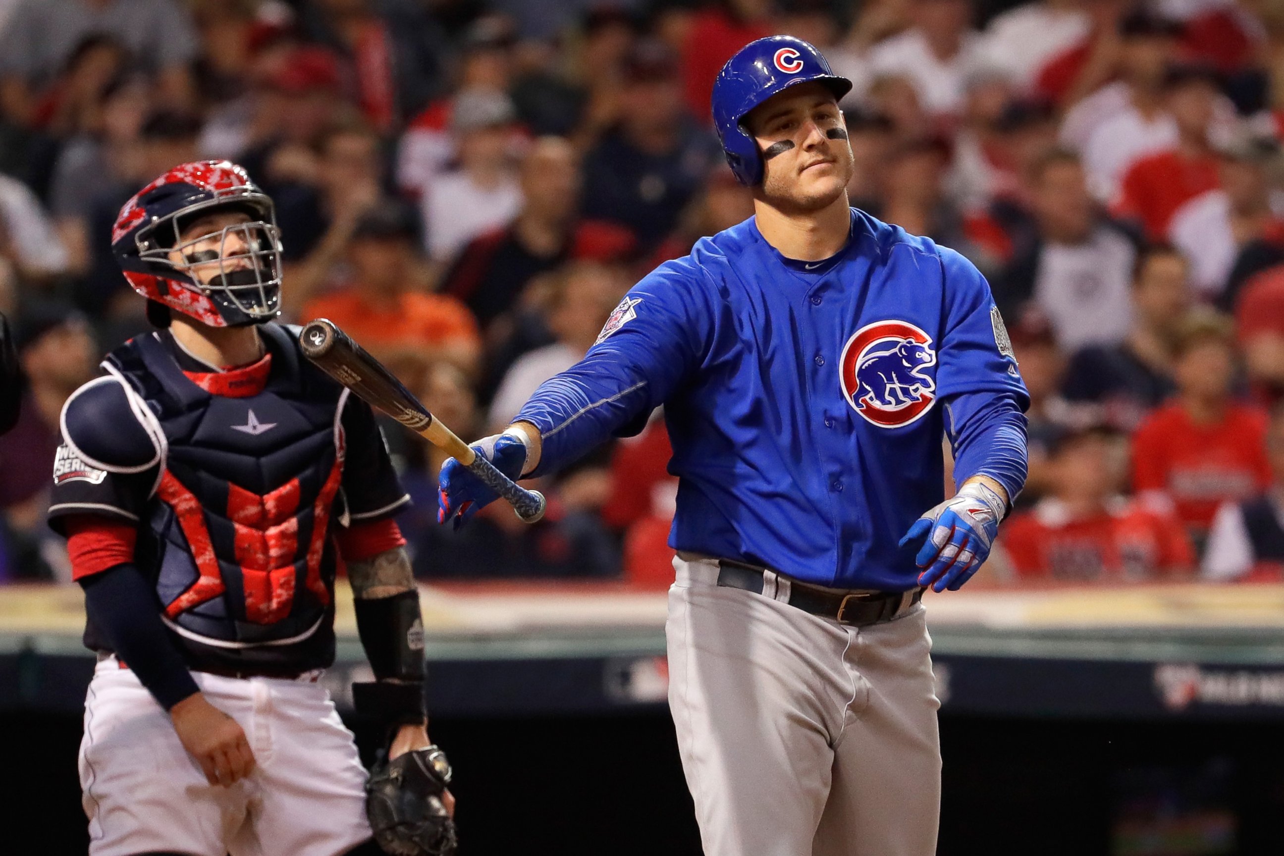 PHOTO: Anthony Rizzo #44 of the Chicago Cubs reacts after hitting a two-run home run during the ninth inning against the Cleveland Indians in Game Six of the 2016 World Series at Progressive Field, Nov. 1, 2016 in Cleveland, Ohio.
