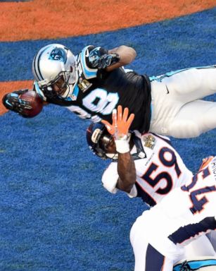 PHOTO: Jonathan Stewart of the Carolina Panthers dives for a 1-yard touchdown during the second quarter of Super Bowl 50 against the Denver Broncos at Levi's Stadium on Feb. 7, 2016 in Santa Clara, Calif.