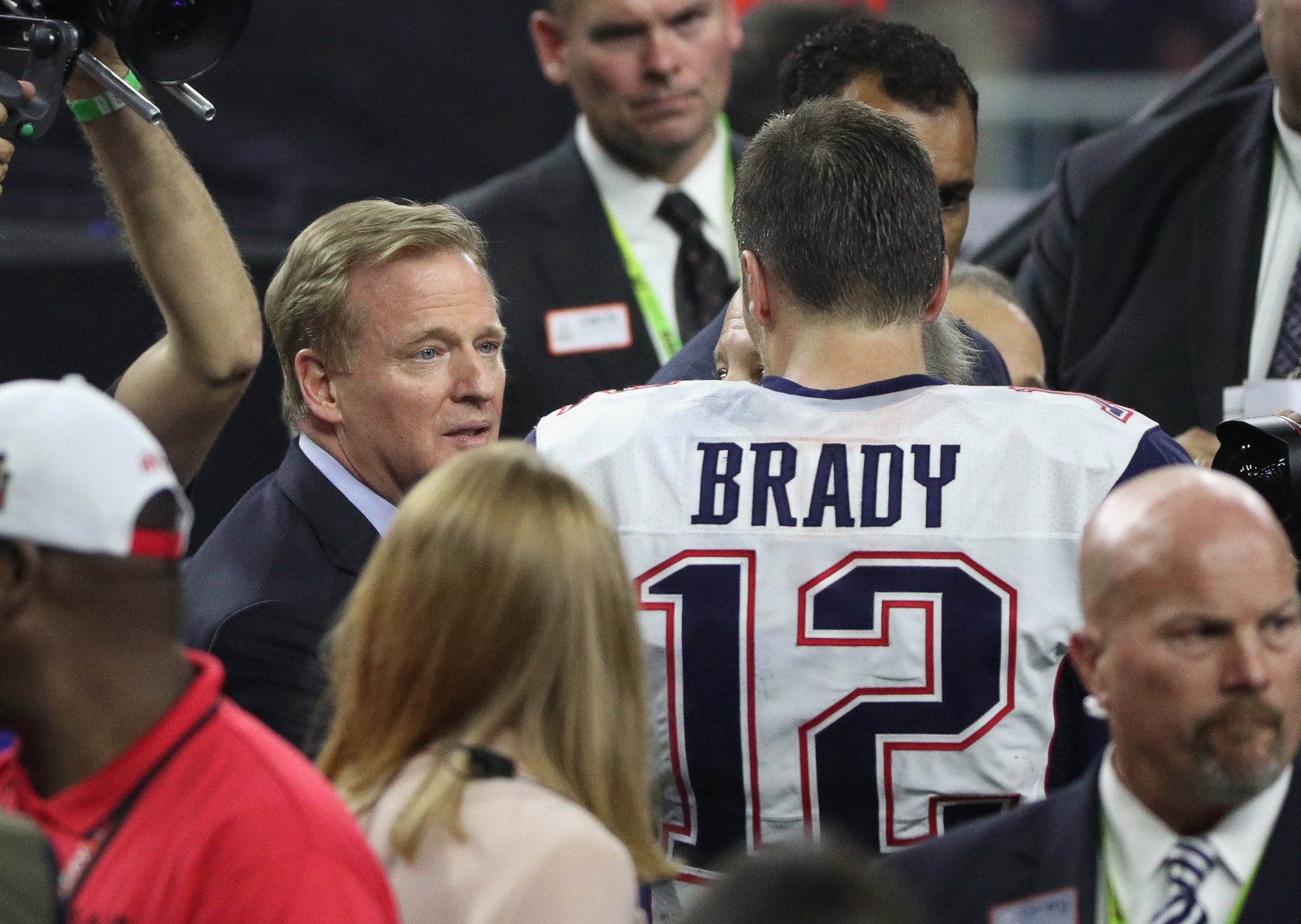 PHOTO: NFL commissioner Roger Goodell speaks to Tom Brady of the New England Patriots after defeating the Atlanta Falcons during Super Bowl 51 at NRG Stadium in Houston, Feb. 5, 2017. 