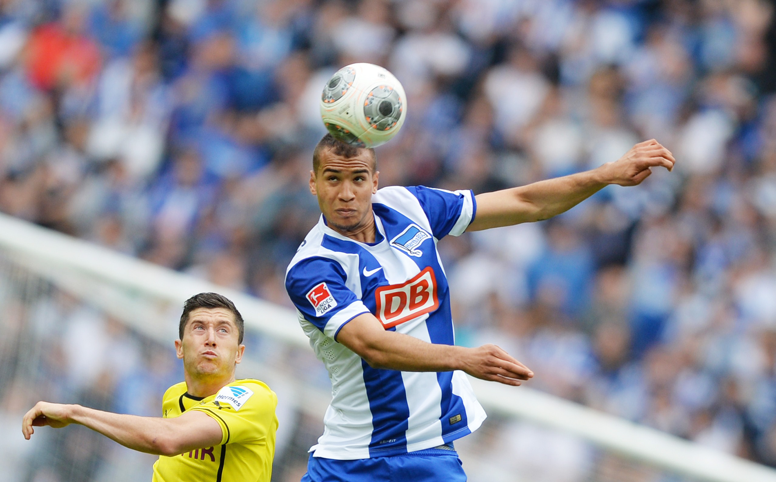 PHOTO: German-American player John Anthony Brooks fights for control of the ball for Hertha BSC during German league play in Berlin on May 10, 2014.