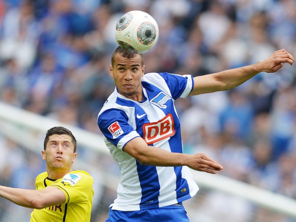 PHOTO: German-American player John Anthony Brooks fights for control of the ball for Hertha BSC during German league play in Berlin on May 10, 2014.