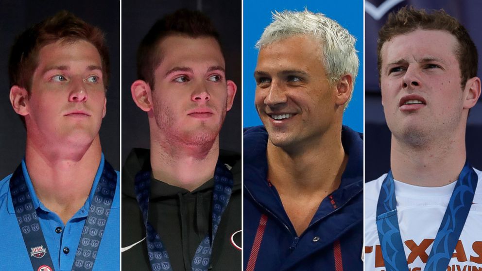 (L-R) U.S. Olympic swimmers Jimmy Feigen, Gunnar Bentz, Ryan Lochte and Jack Conger claim they were robbed while in Rio de Janeiro, Brazil for the 2016 Olympics. 