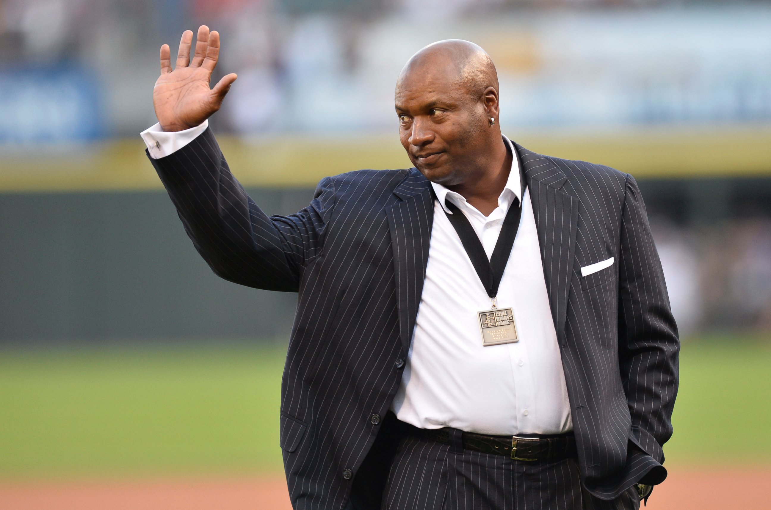 PHOTO: Bo Jackson waves to the crowd as as he is introduced before the 2013 Civil Rights Game between the Chicago White Sox and the Texas Ranger Aug. 24, 2013 in Chicago.