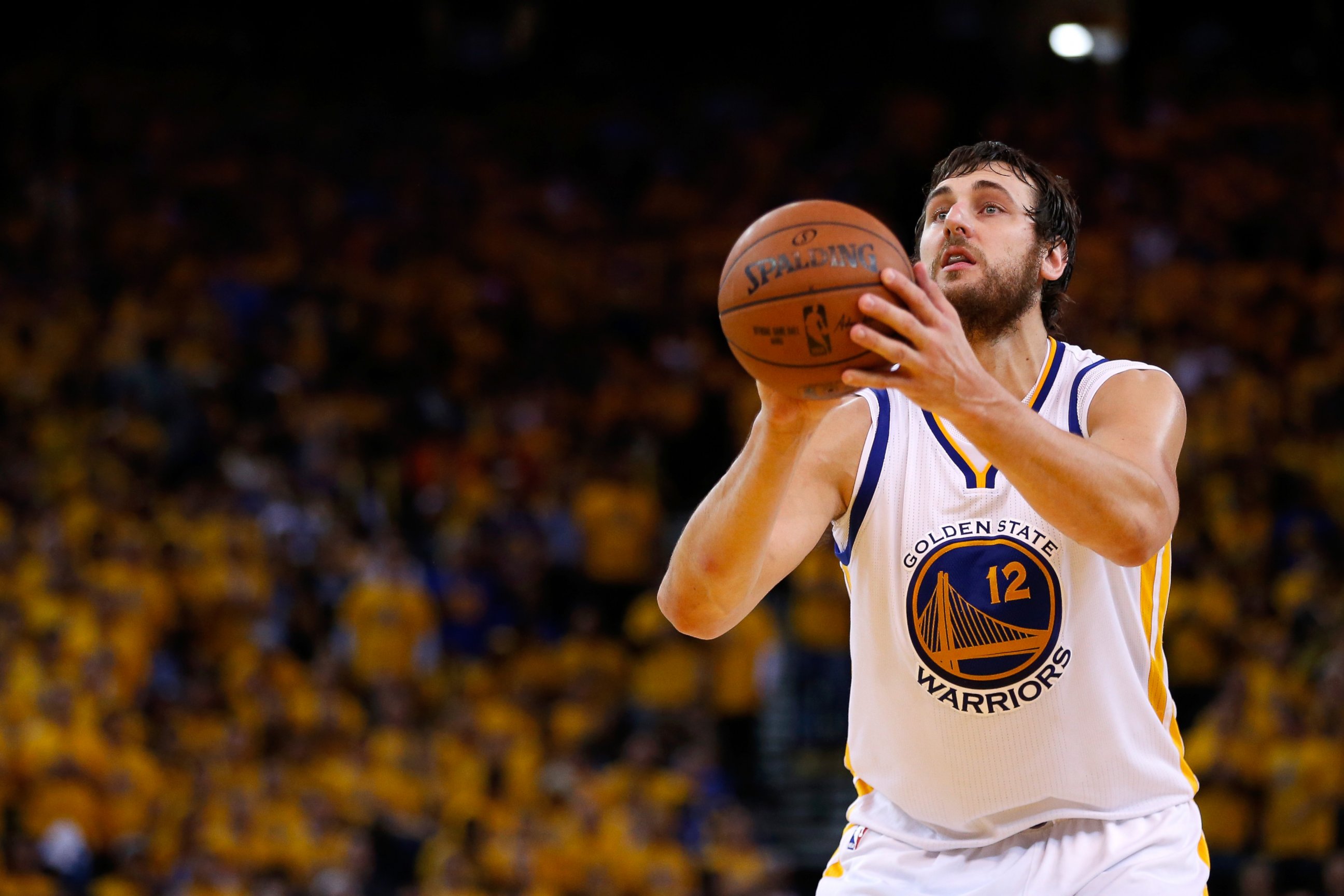 PHOTO: Andrew Bogut shoots a free throw in the second half against the Houston Rockets during game two of the Western Conference Finals of the 2015 NBA Playoffs, May 21, 2015 in Oakland, Calif.
