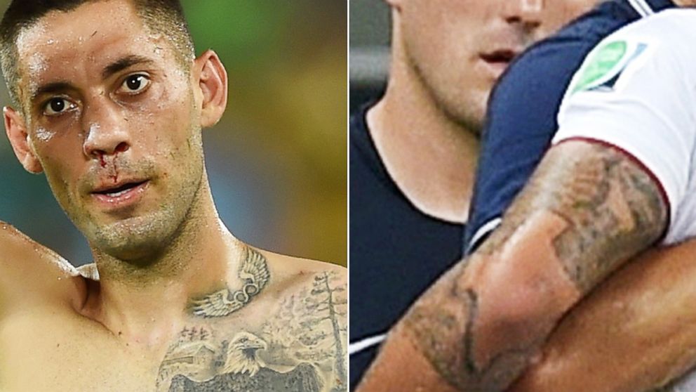 PHOTO: Clint Dempsey has tattoos of a bald eagle on his chest and the outline of Texas on his elbow, seen here on June 16 and June 22 in Brazil.