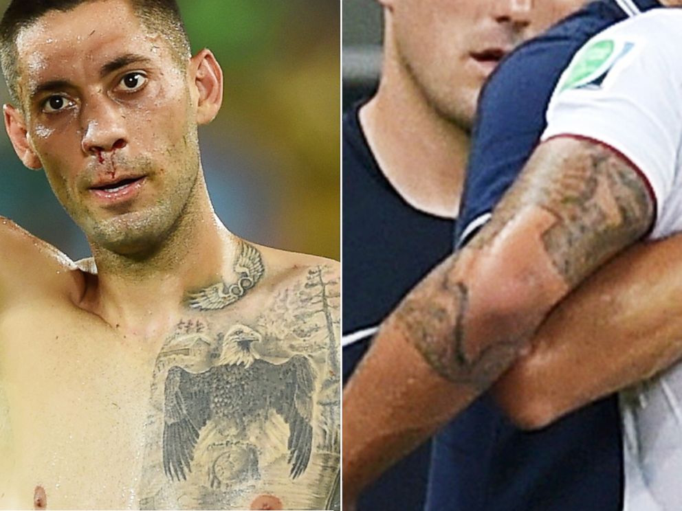 PHOTO: Clint Dempsey has tattoos of a bald eagle on his chest and the outline of Texas on his elbow, seen here on June 16 and June 22 in Brazil.
