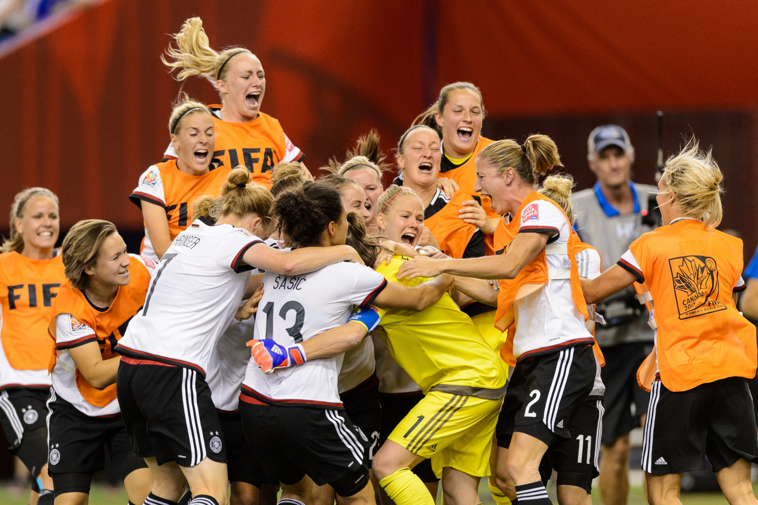 PHOTO: Germany celebrates their victory during the 2015 FIFA Women's World Cup quarter final match against France at Olympic Stadium on June 26, 2015 in Montreal, Quebec, Canada.
