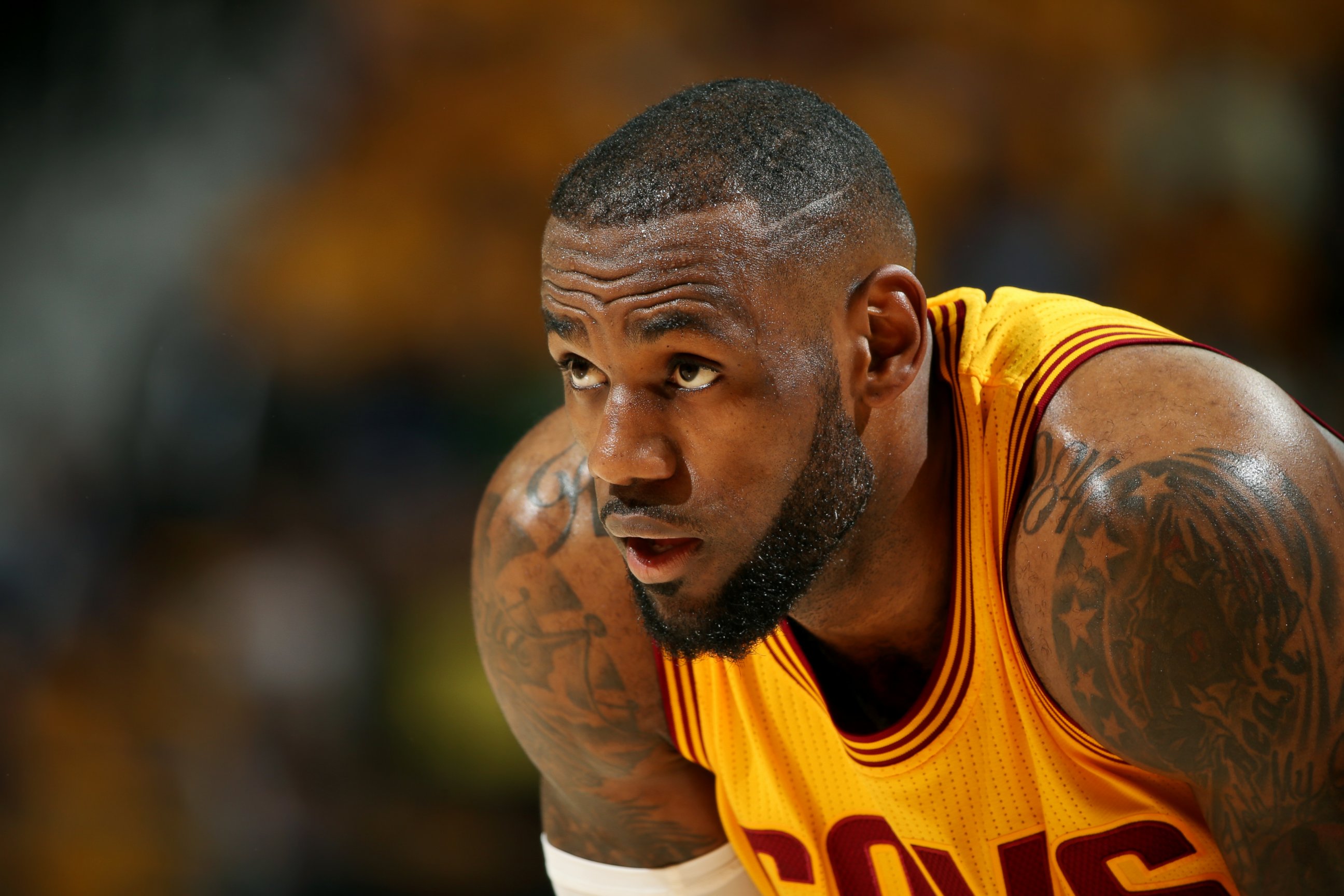 PHOTO: LeBron James of the Cleveland Cavaliers stands on the court during Game Four of the Eastern Conference Finals against the Atlanta Hawks during the 2015 NBA Playoffs, May 26, 2015 at Quicken Loans Arena in Cleveland. 