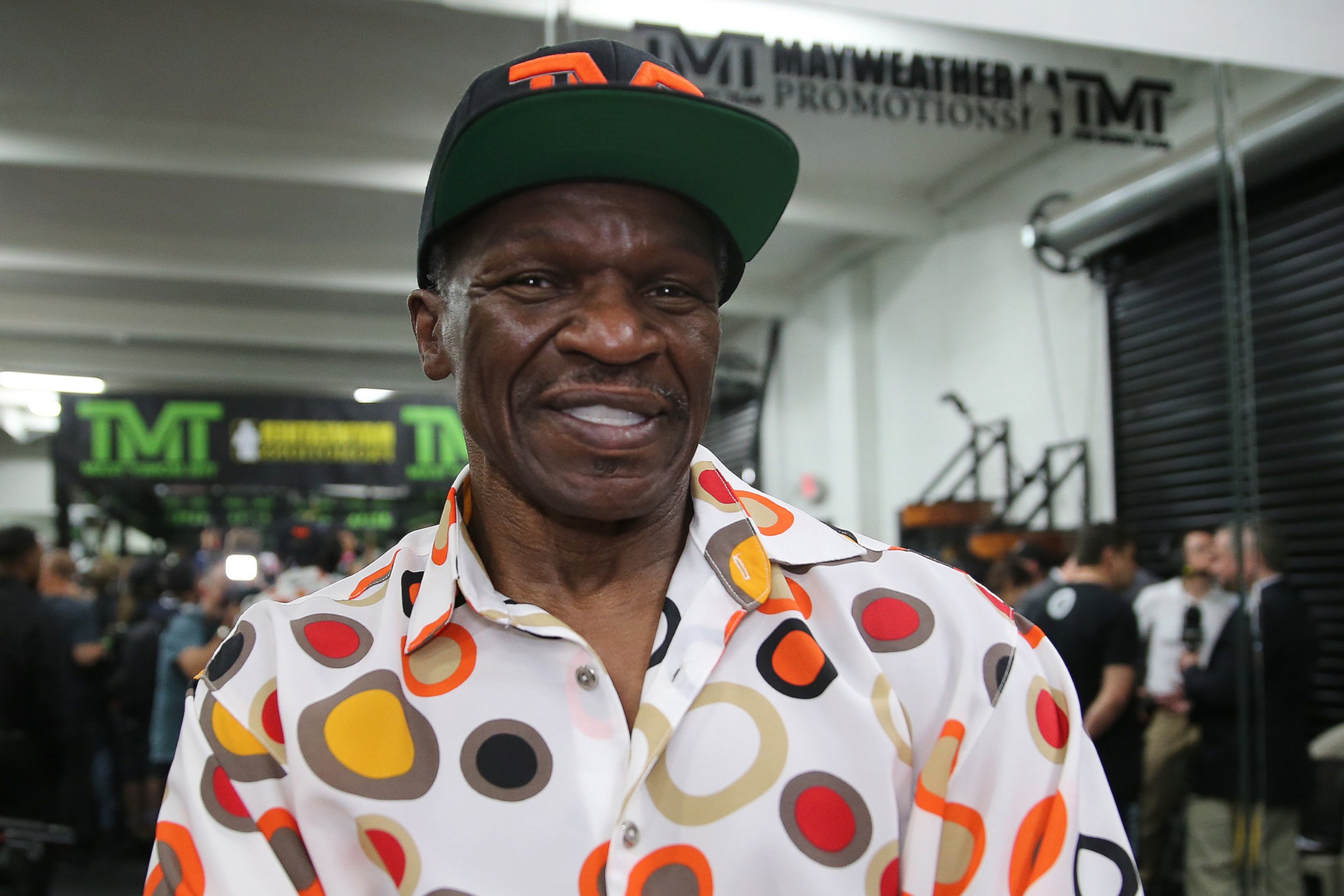 PHOTO: Trainer Floyd Mayweather Sr. looks on as his son Floyd Mayweather Jr. (not pictured), works out at the Mayweather Boxing Club on April 14, 2015 in Las Vegas, Nev. 