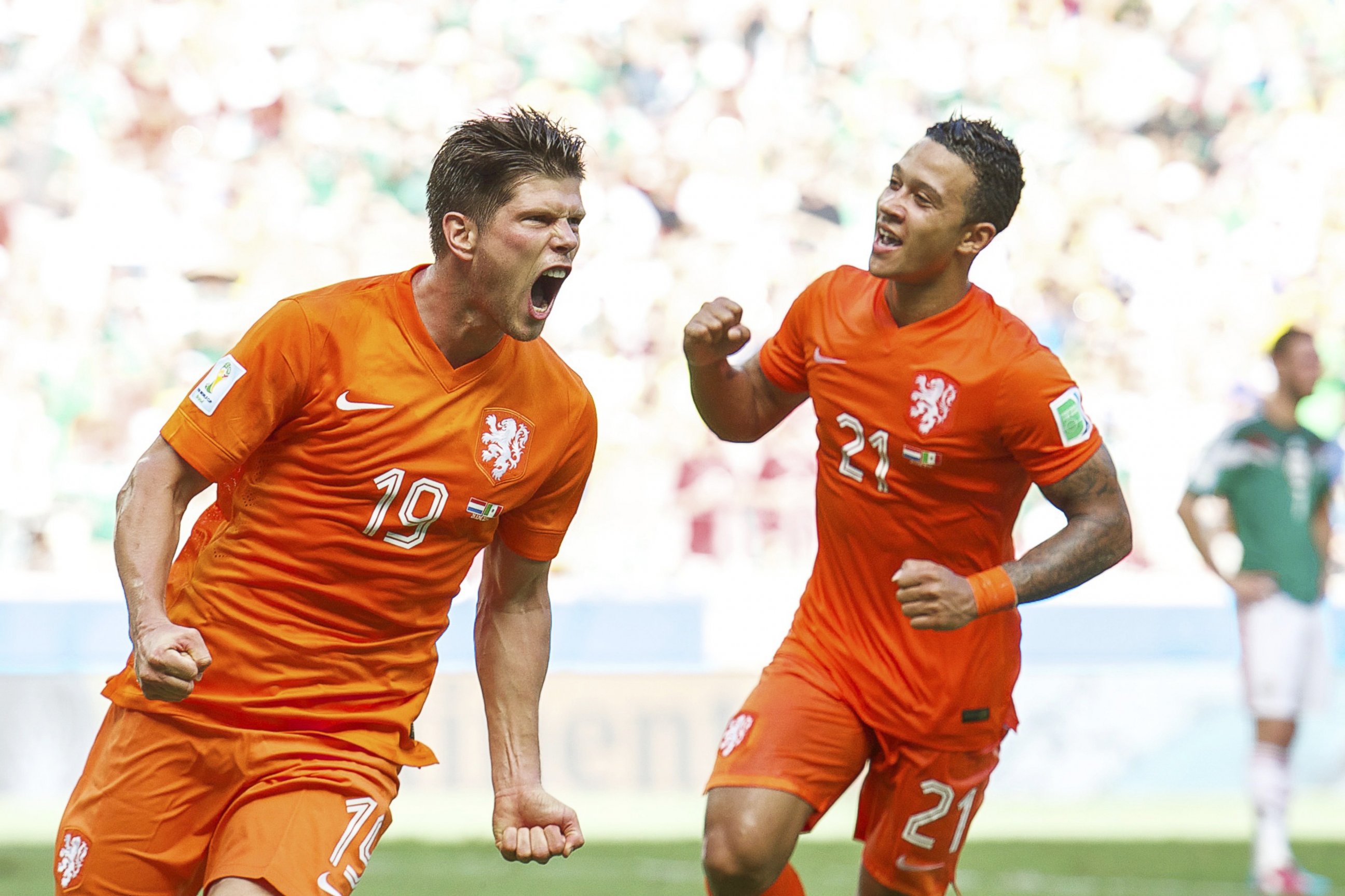 PHOTO: Klaas-Jan Huntelaar and Memphis Depay of Holland during the match between The Netherlands and Mexico on June 29, 2014 at Estadio Castelao in Fortaleza, Brazil.